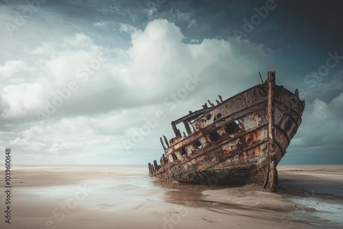 A long-forgotten shipwreck stranded on a deserted shore, half-submerged in sand, rusting hull exposed, with room for text in the sky above, symbolizing lost voyages and forgotten adventures.