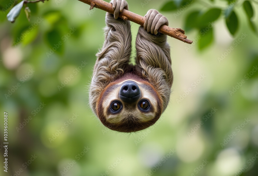 portrait of a sloth hanging on a branch