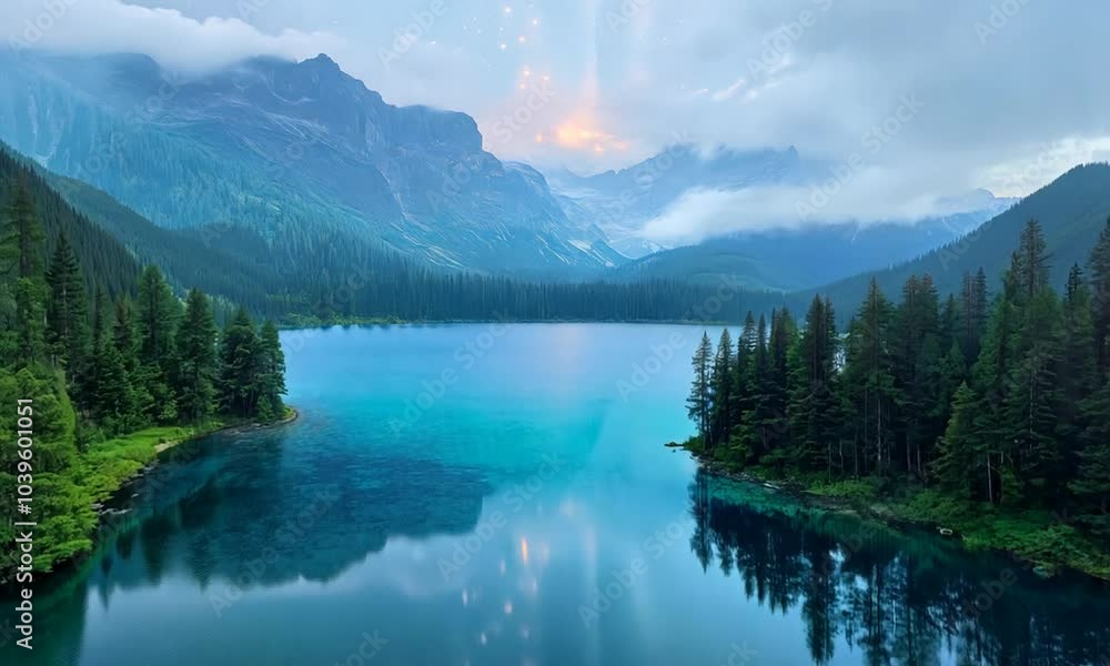 A serene landscape featuring a calm lake surrounded by mountains and lush trees at dawn.