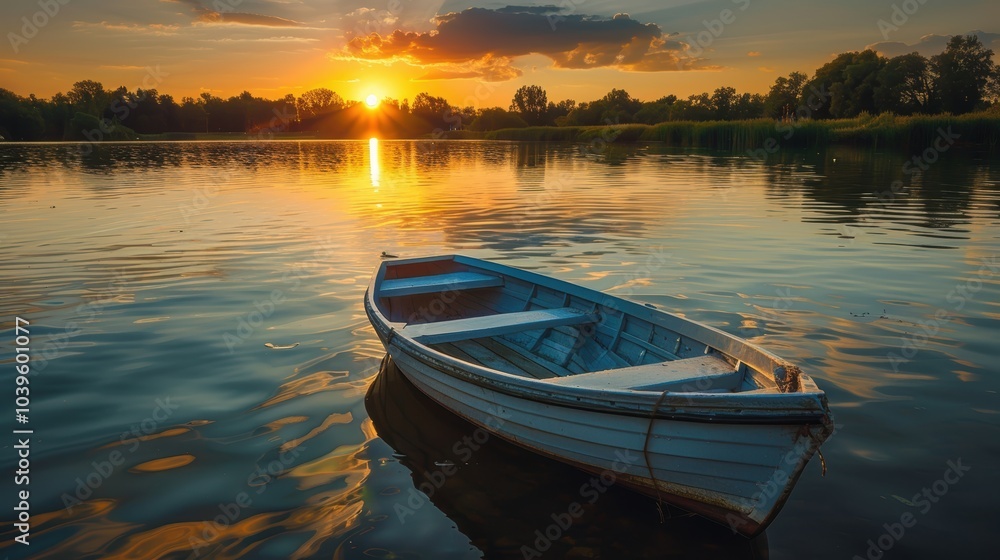 Serene Sunset Over a Small Boat on the River Serene Sunset Over a Small Boat on the River
