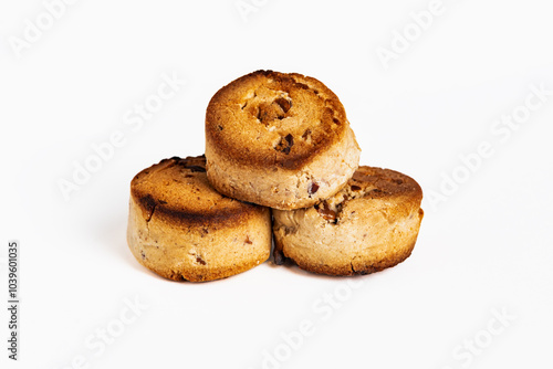 Various almond shortbreads in close-up and on a white background, a typical Christmas sweet.