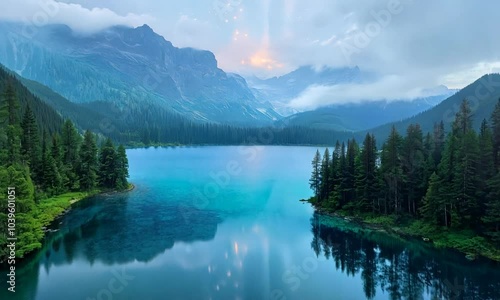 A serene landscape featuring a calm lake surrounded by mountains and lush trees at dawn.