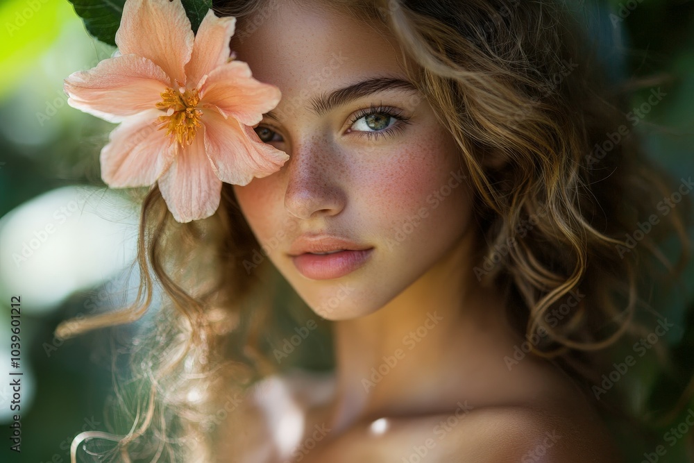 Naklejka premium super model standing on coffee-colour backdrop, pretty girl with naked shoulders. Beautiful simple AI generated image