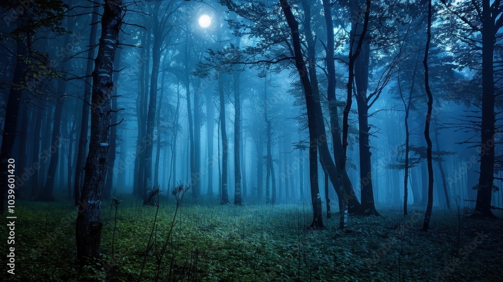 Fototapeta premium Quiet Foggy Forest Under Soft Moonlight at Night