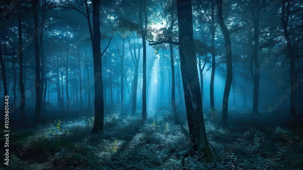 Naklejka premium Tranquil Foggy Forest Under Soft Moonlight