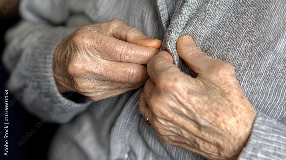 Fototapeta premium Overcoming obstacles, A Parkinson's patient's daily struggle:Close-up of trembling hands of a Parkinson's patient,Elderly man struggling with buttoning shirt due to Parkinson's disease