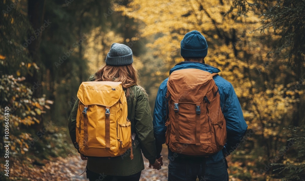 Hiking couple walking in forest wearing backpacks, Generative AI Hiking couple walking in forest wearing backpacks, Generative AI