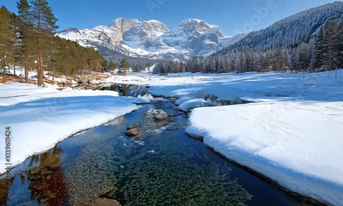 A serene winter landscape featuring a river, snow, and mountains reflecting in calm waters.