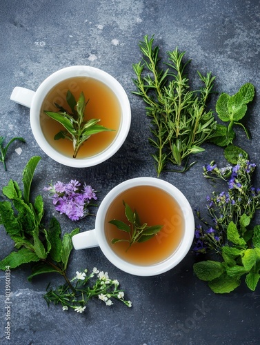 Delicious organic vegetable broth garnished with fresh herbs and vibrant edible flowers for a nourishing touch.