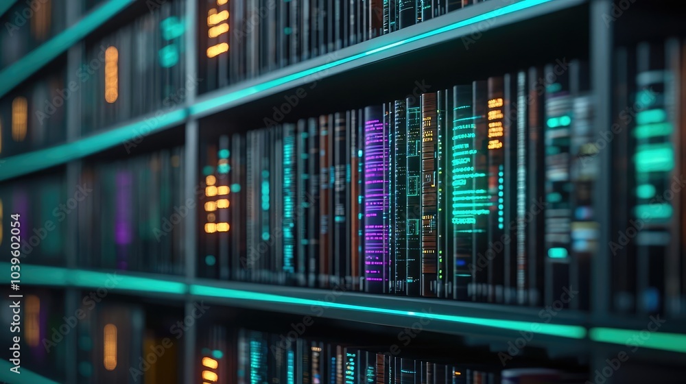 Detailed view of a futuristic data storage system with illuminated panels. Detailed view of a futuristic data storage system with illuminated panels.