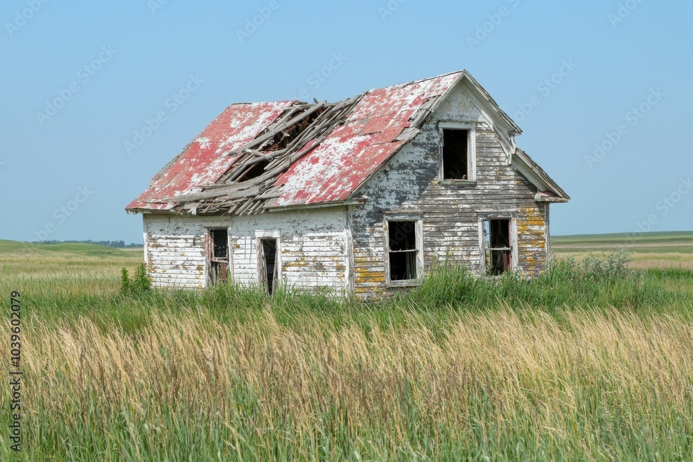 An abandoned rural farmhouse with a collapsed roof, peeling paint, and tall grass surrounding it, with open space in the foreground for text, evoking a sense of solitude and time passing. An abandoned rural farmhouse with a collapsed roof, peeling paint, and tall grass surrounding it, with open space in the foreground for text, evoking a sense of solitude and time passing.