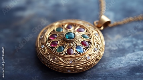 Intricate goldwork a vintage locket with precious gemstones dangling from an elegant gold chain exuding timeless luxury and craftsmanship photo