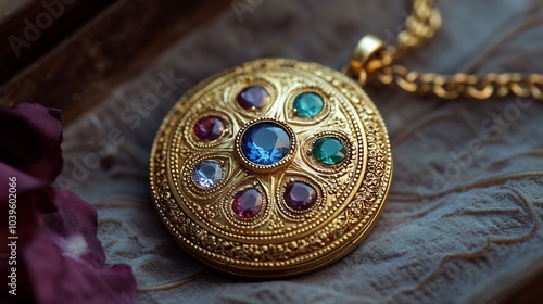 Intricate goldwork a vintage locket with precious gemstones dangling from an elegant gold chain exuding timeless luxury and craftsmanship