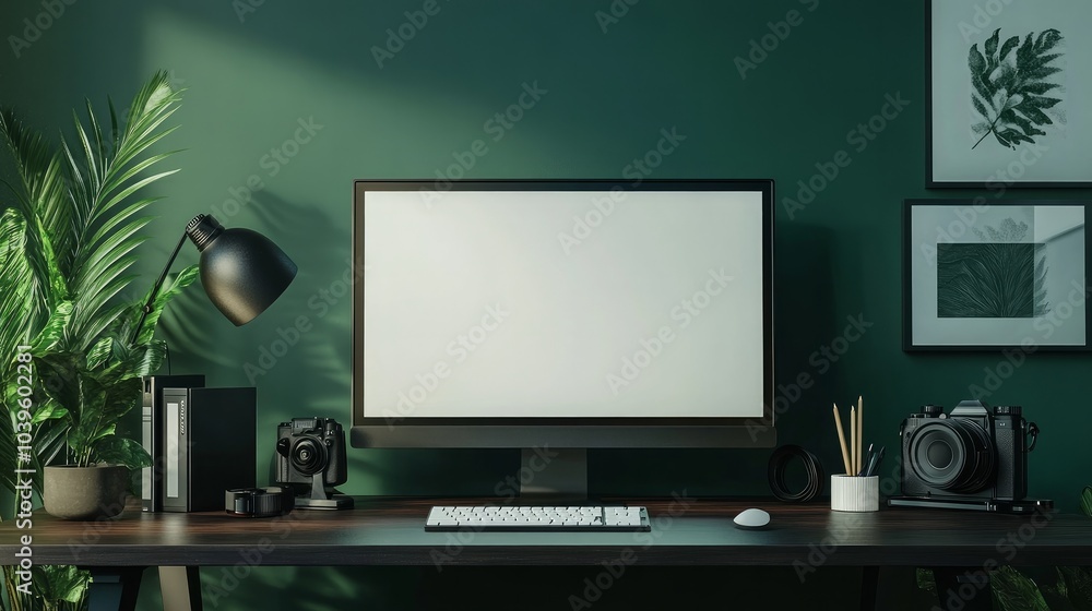 Stylish modern home office workplace with a mockup of a desktop computer, along with a camera, headphones, keyboard, and peripherals arranged on a table above a mockup of a dark green wall with frames Stylish modern home office workplace with a mockup of a desktop computer, along with a camera, headphones, keyboard, and peripherals arranged on a table above a mockup of a dark green wall with frames