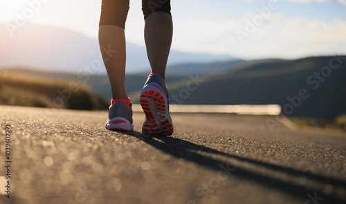 Fitness woman runner legs ready to running at sunset mountain top road