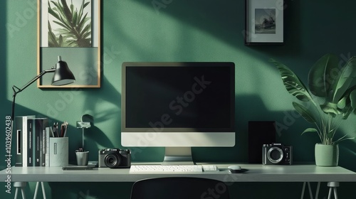Stylish modern home office workplace with a mockup of a desktop computer, along with a camera, headphones, keyboard, and peripherals arranged on a table above a mockup of a dark green wall with frames