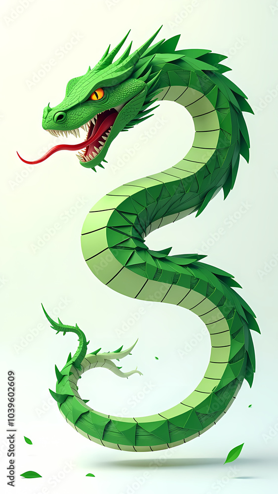 Obraz premium A green snake made of geometric shapes, with sharp teeth and a red tongue