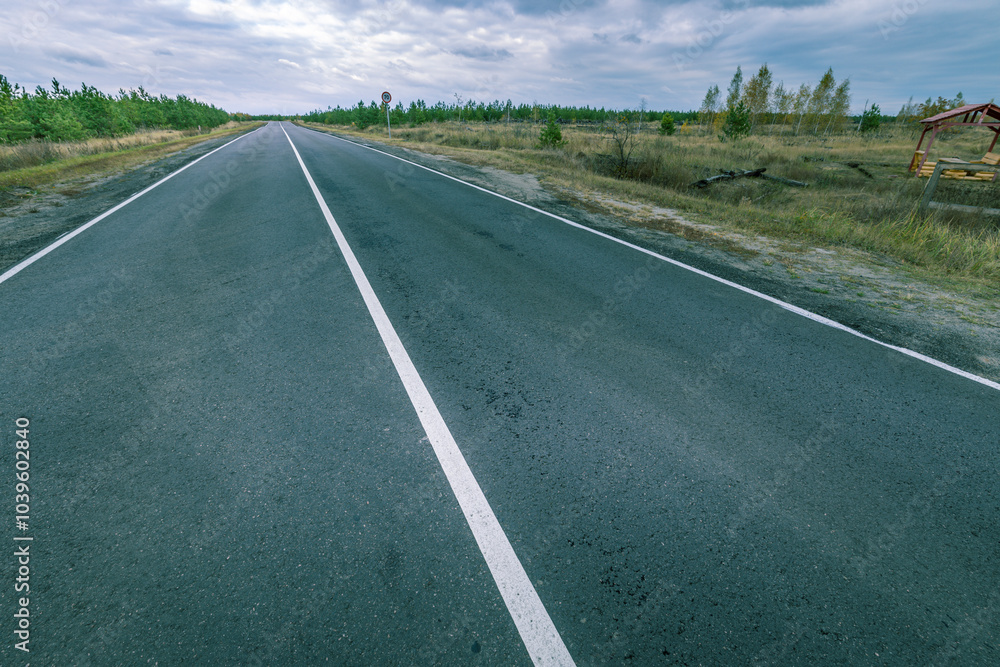 Fototapeta premium A long, empty road with a white line down the middle