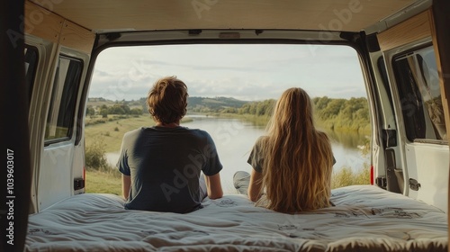 Young couple sitting at the back of the camper van, looking at the mattress inside