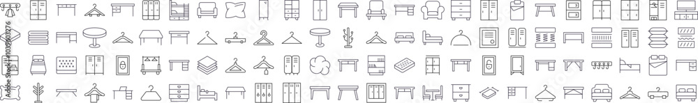 Furniture Line Icon Set. Contains Icons of Bed, Table, Mattress, Coat Hook that Can Be Used for Design of Cards, Posts, Apps, Web Sites Furniture Line Icon Set. Contains Icons of Bed, Table, Mattress, Coat Hook that Can Be Used for Design of Cards, Posts, Apps, Web Sites