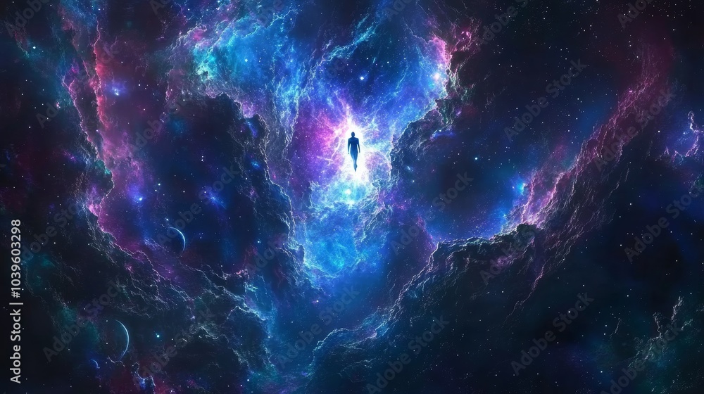 Fototapeta premium A Moment of Cosmic Connection:Floating in Infinity.Concept of solitude, cosmic contemplation, spiritual connection, the vastness of the universe.