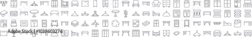 Furniture Line Icon Set. Contains Icons of Bed, Table, Mattress, Coat Hook that Can Be Used for Design of Cards, Posts, Apps, Web Sites