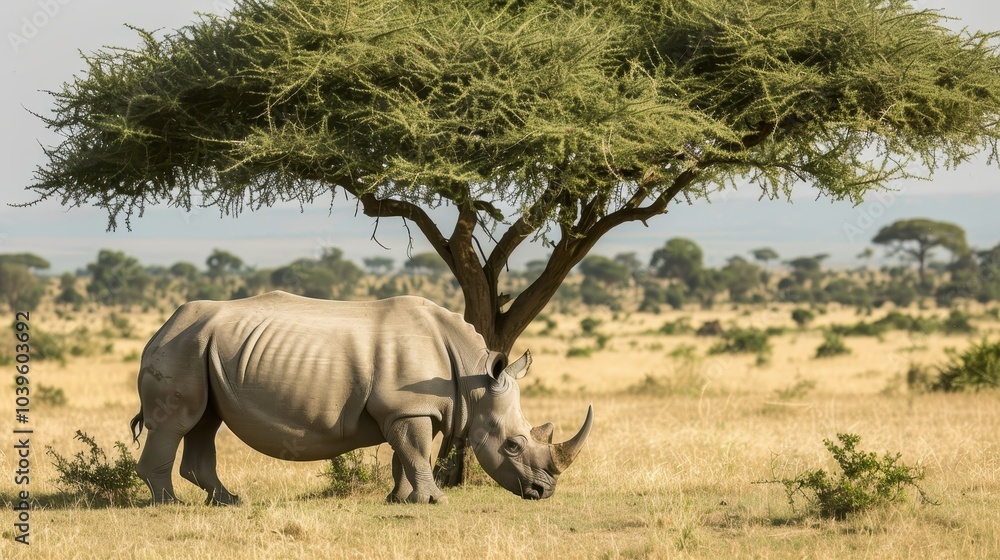 Fototapeta premium Northern White Rhino Under Tree in Savanna Landscape