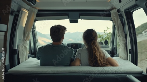 Young couple sitting at the back of the camper van, looking at the mattress inside