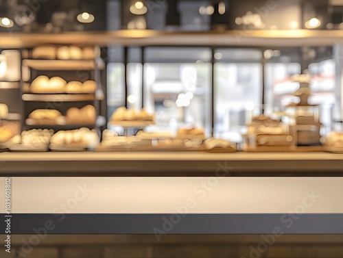 A blurred view of a bakery display filled with various types of bread and pastries.