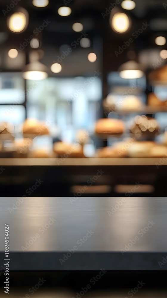 A blurred bakery interior with a focus on a wooden countertop and baked goods in the background. A blurred bakery interior with a focus on a wooden countertop and baked goods in the background.