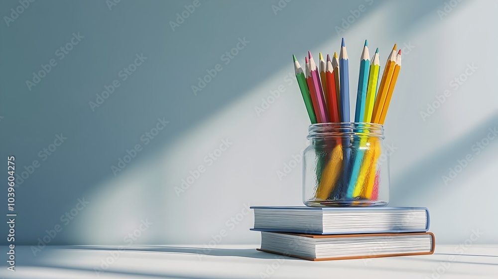 Stacked Books and Vibrant Pencils in Jar on White Background Education and Learning Concept Stacked Books and Vibrant Pencils in Jar on White Background Education and Learning Concept