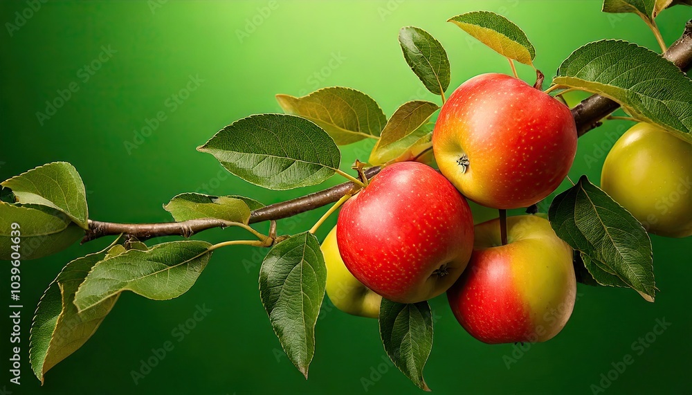 Obraz premium Apples on a branch on a green background