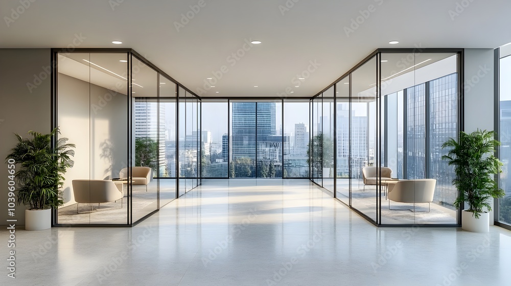 Fototapeta premium Modern Glass Partitioned Office with Captivating City Skyline