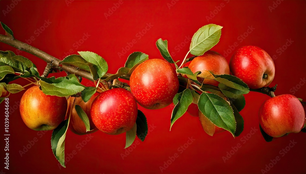 Obraz premium Apples on a branch on a red background