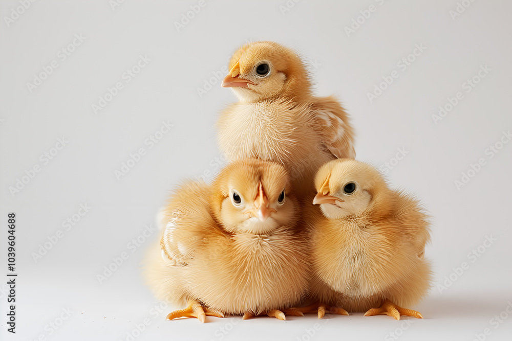 Cute fluffy chicks posing on a light background Cute fluffy chicks posing on a light background