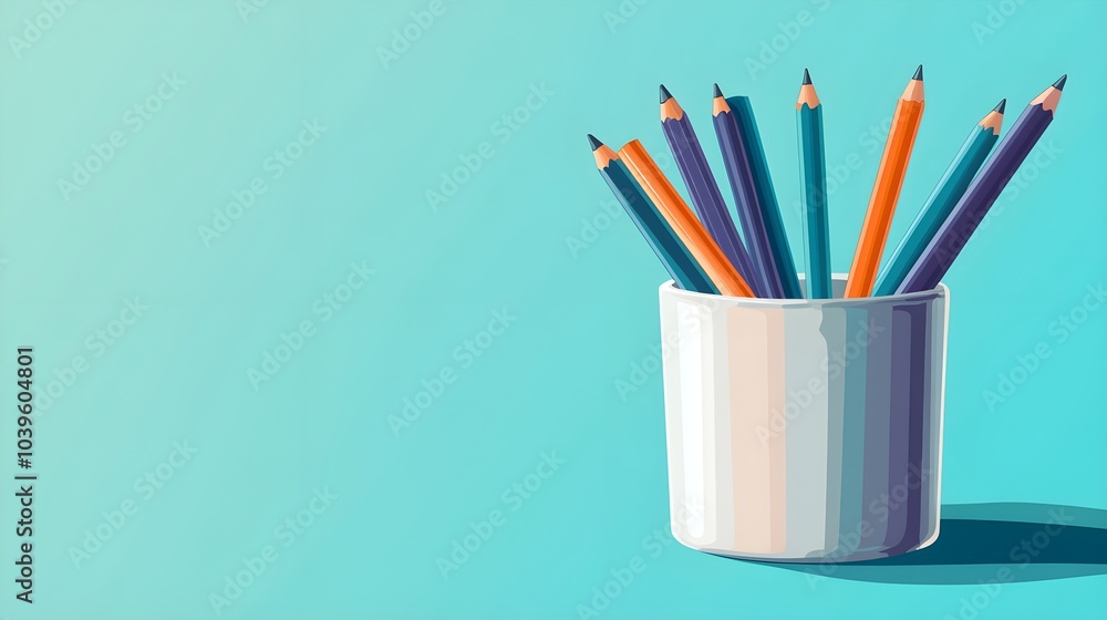 Obraz premium Colorful Pencils in a White Cup on a Teal Background