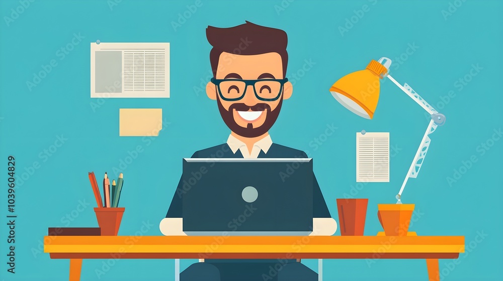 Happy Businessman Working on Laptop at Desk with Papers and a Lamp Happy Businessman Working on Laptop at Desk with Papers and a Lamp