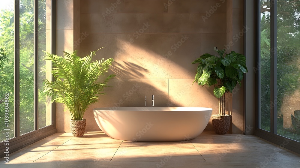 Luxurious Modern Bathroom with Bathtub and Lush Indoor Plant Decor Luxurious Modern Bathroom with Bathtub and Lush Indoor Plant Decor
