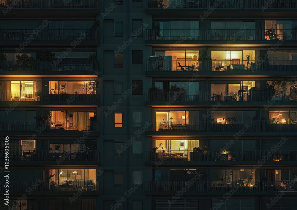 A row of apartment buildings with many windows lit up at night A row of apartment buildings with many windows lit up at night