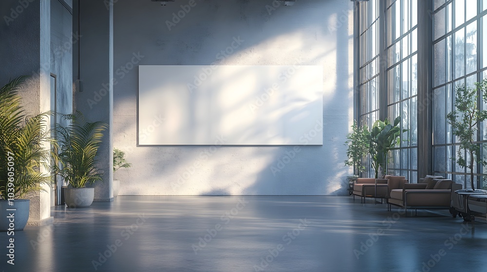 Elegant Contemporary Designer Office Interior with Empty White Mockup Banner and Panoramic Windows Elegant Contemporary Designer Office Interior with Empty White Mockup Banner and Panoramic Windows