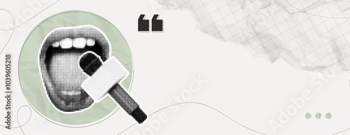 Trendy Halftone Collage Journalist's mouth screams into microphone. Social media interview. Daily news. Reporter with audio equipment. Press conference. Contemporary vector illustration art