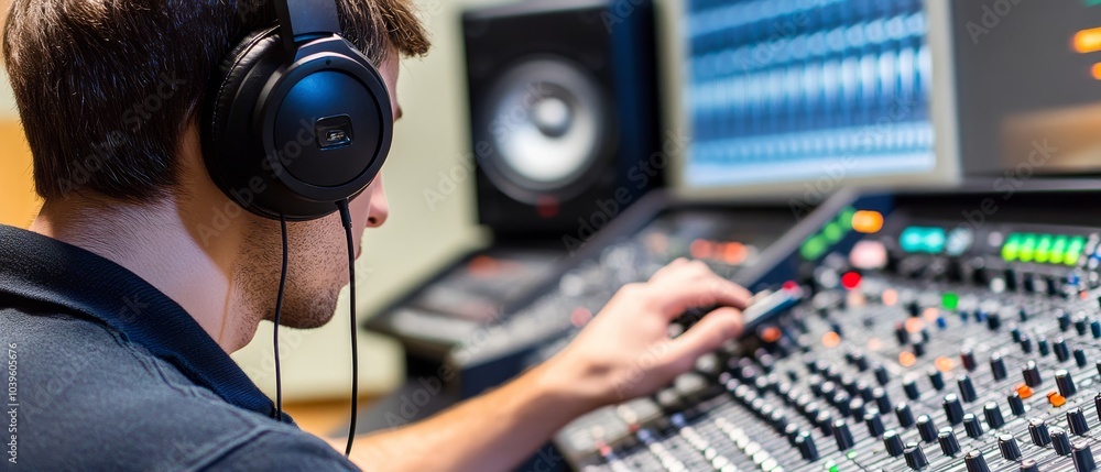 Behind the Scenes of Sound Engineering:Sound Engineer at Work. Concept of music production, audio engineering, sound design, professional recording studio. Behind the Scenes of Sound Engineering:Sound Engineer at Work. Concept of music production, audio engineering, sound design, professional recording studio.