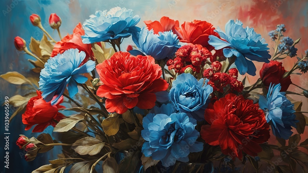Fototapeta premium Vintage Floral Still Life: Blue and Red Flower Painting