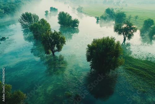 Floodplain in Lonjsko Polje, Croatia: Aerial View of Green Oak Forest Along Sava River