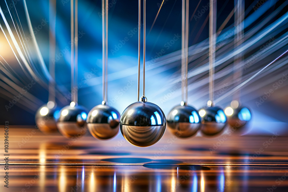 A stunning image of a Newton's cradle with reflective metallic balls swinging, illustrating principles of physics and energy conservation.