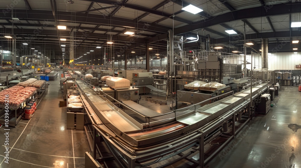 Fototapeta premium Efficient Food Processing Plant Showcasing Advanced Technology in a Spacious Environment