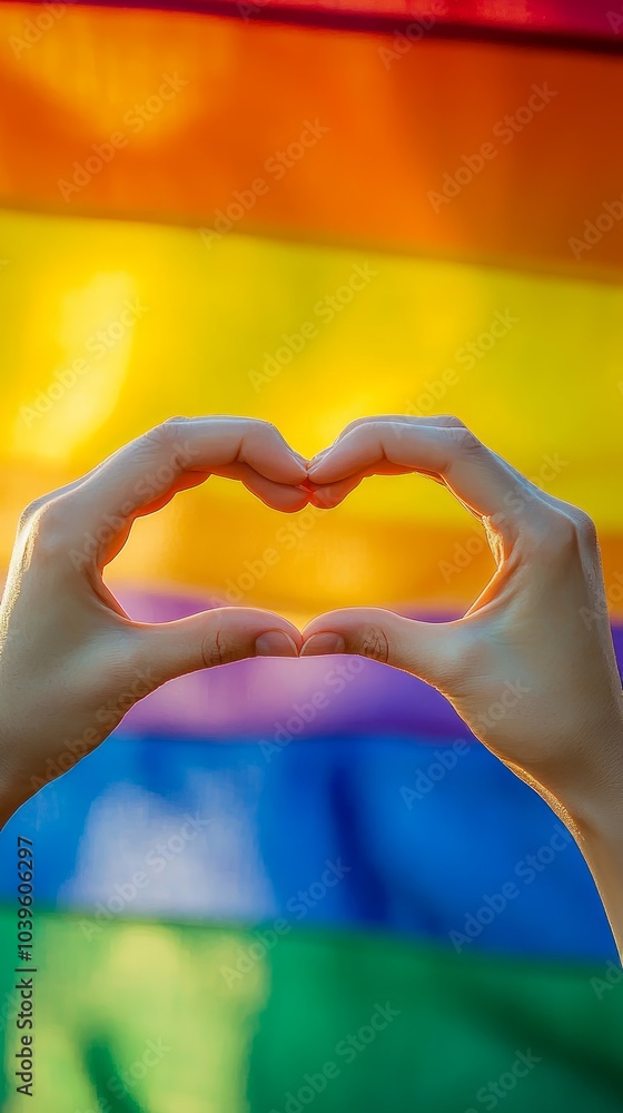 A pair of hands creates a heart symbol against the backdrop of a colorful rainbow flag, representing love and acceptance on International Day for Tolerance A pair of hands creates a heart symbol against the backdrop of a colorful rainbow flag, representing love and acceptance on International Day for Tolerance