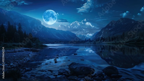 Serene Night with Full Moon Reflected in a Tranquil Lake Surrounded by Mountains