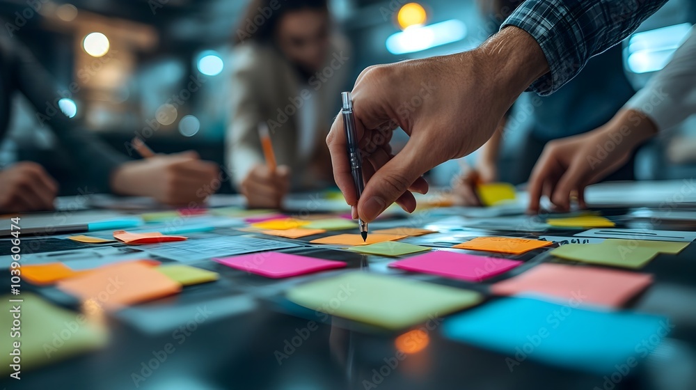 Obraz premium Creative Team Meeting with Colorful Sticky Notes on Table in Office Workspace