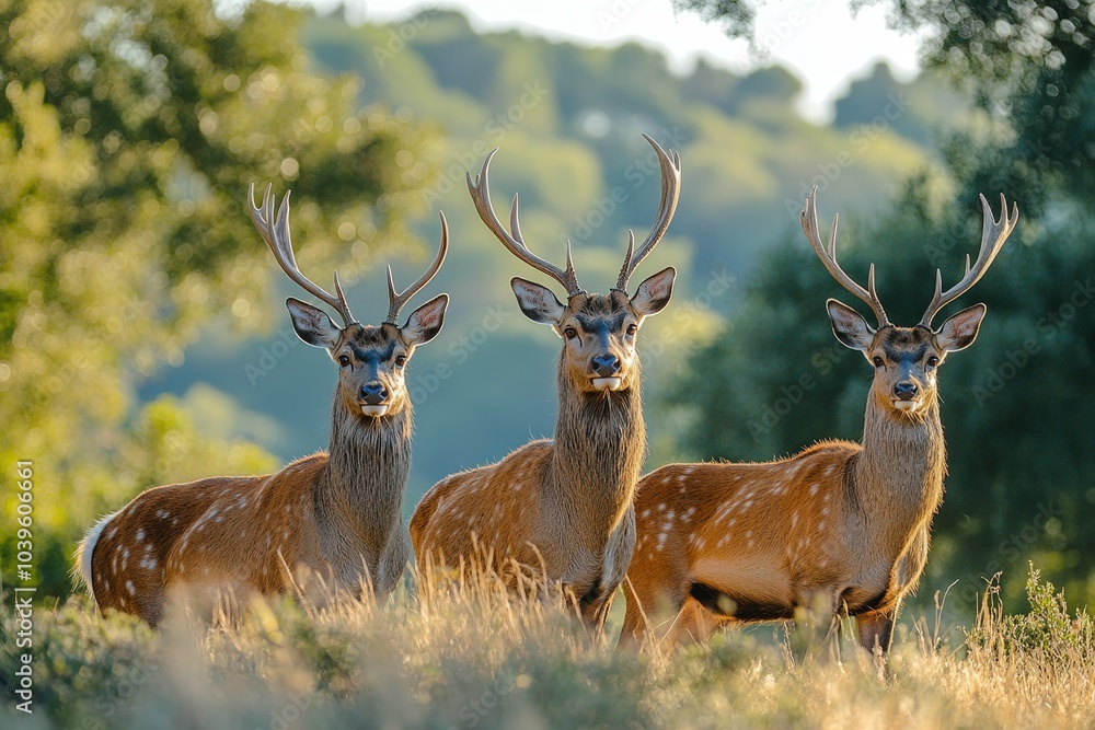 Naklejka premium A lone deer grazes in a sun-drenched forest clearing.. Beautiful simple AI generated image